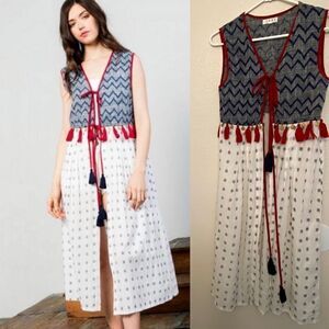 THML Boho Sleeveless Printed Tassel medallion Kaftan Duster Festival Coachella S